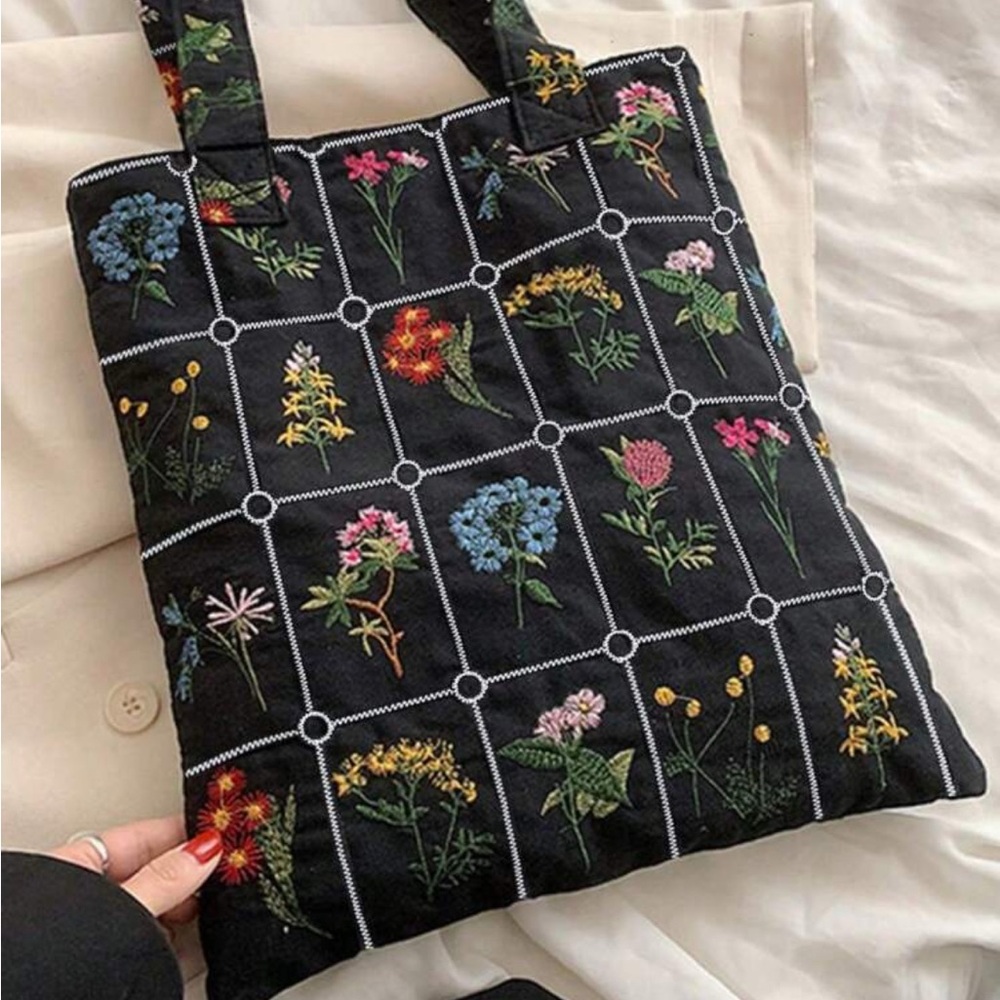 Floral Embroidered Black Tote Bag - Picture 6 of 10